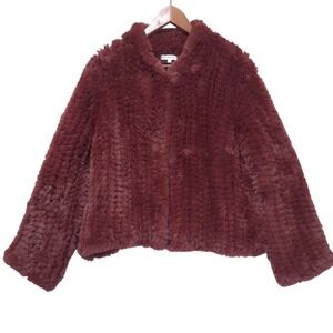 HEARTLOOM Faux Fur Cropped Jacket Women L Burgundy Cozy Chic Luxury Mobwife